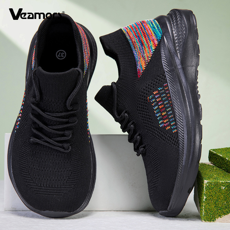 Knit Fabric Lace Up Sneakers - Zapatillas Deportivas de Malla Transpirable para