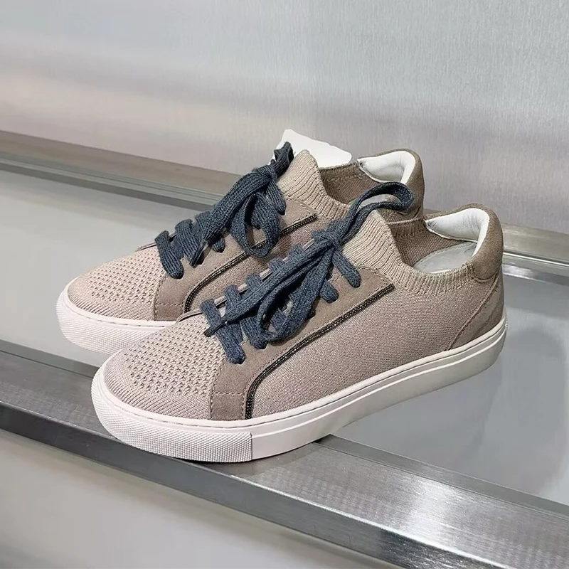 Knit Fabric Lace Up Sneakers - Zapatillas de deporte transpirables de punto