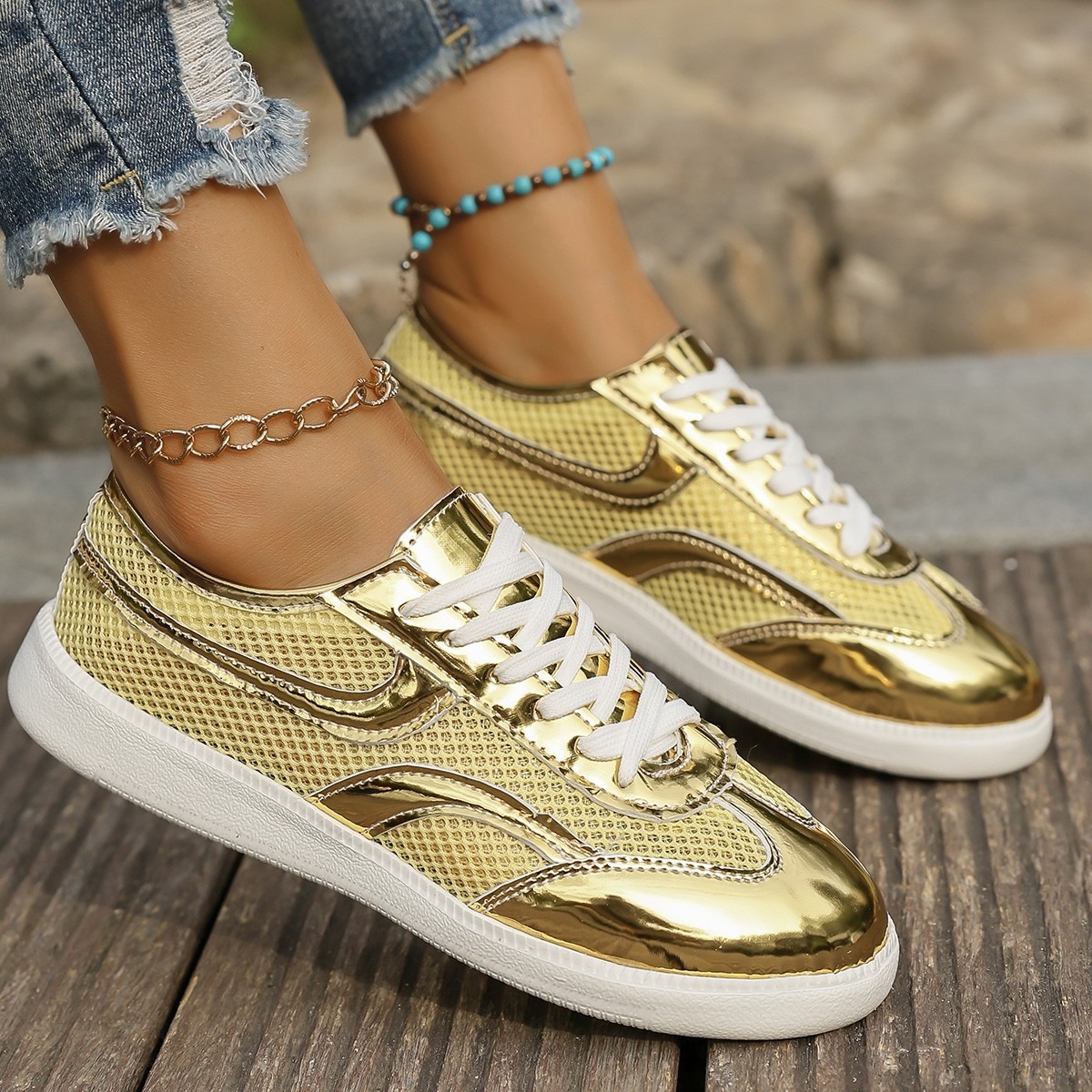 Nuevas zapatillas de deporte p - Knit Fabric Lace Up Sneakers reseña y precio